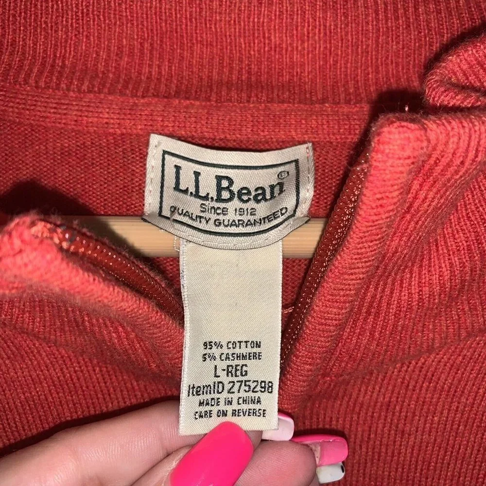 LL Bean Red Orange Cashmere Blend Preppy Long Sleeve V-Neck Sweater Large